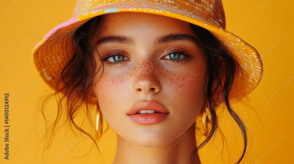 Portrait of a girl in a bright orange beret against a monochrome orange background, close-up of a face with expressive eyes and freckles, suitable for fashion blogs, advertising cosmetics,