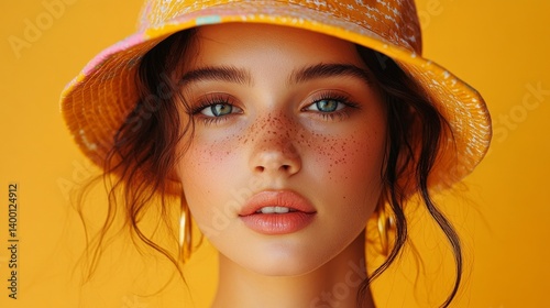 Obraz na płótnie Portrait of a girl in a bright orange beret against a monochrome orange background, close-up of a face with expressive eyes and freckles, suitable for fashion blogs, advertising cosmetics, w salonie