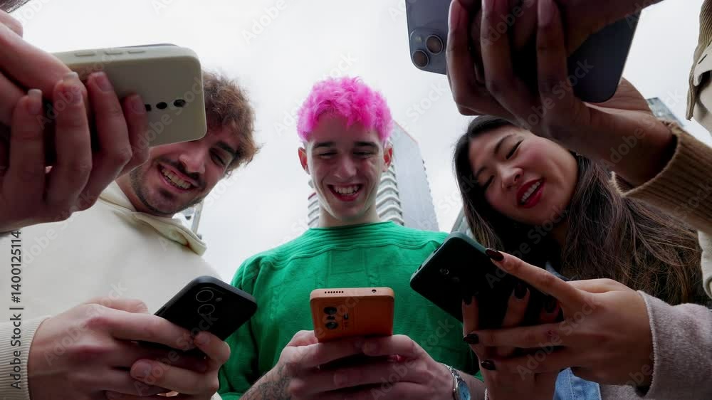 Young group of teenage friends having fun using cell phones at city street. Millennial generation people laughing while enjoying social media content or playing video games on smartphone network