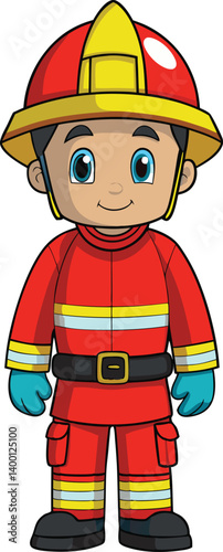 Fire brigade boy cartoon character vector illustration, Fireman Kid Vector Art, and Graphics