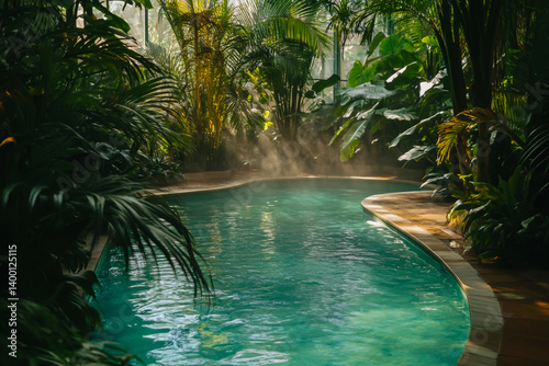 A high-resolution image of a luxurious indoor pool located in the heart of the jungle, surrounded by lush green, tropical foliage and vibrant exotic plants,