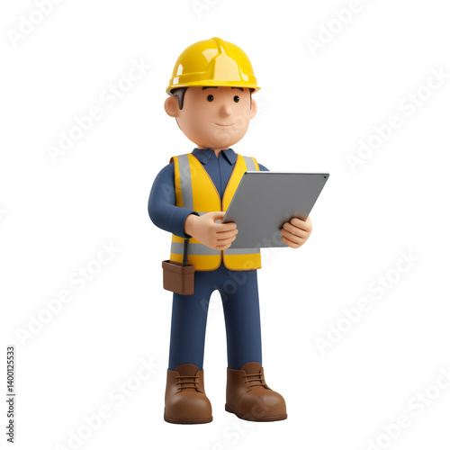 Smiling Cartoon Construction Worker Holding Clipboard