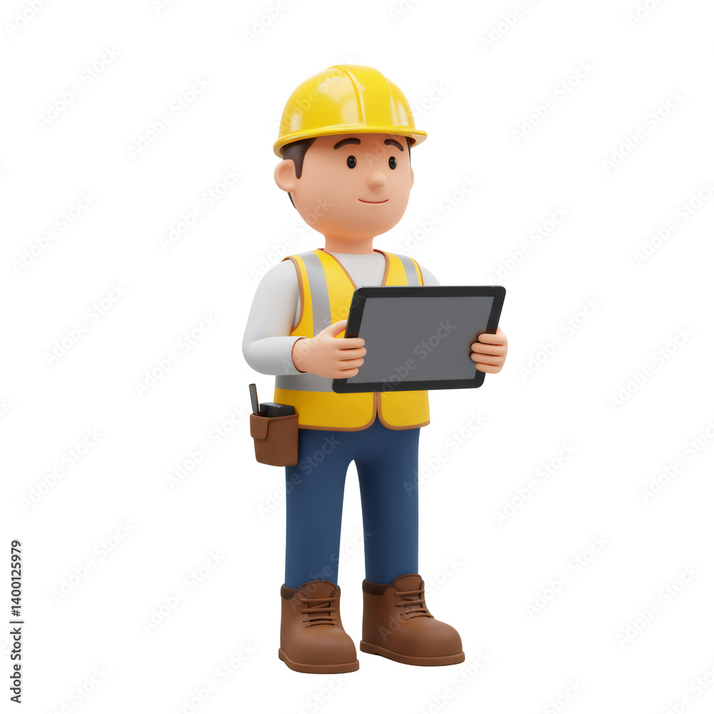 Smiling 3D Rendered Cartoon Construction Worker Using a Digital Tablet Smiling 3D Rendered Cartoon Construction Worker Using a Digital Tablet