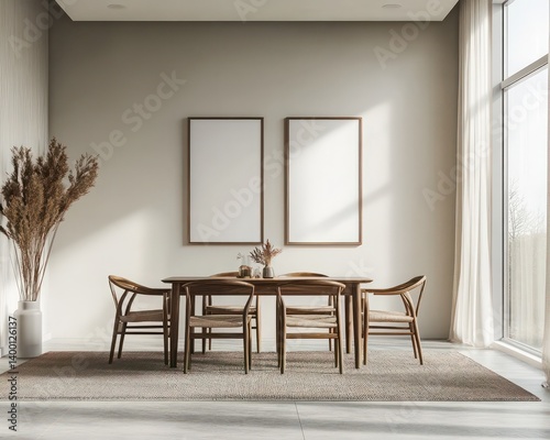 Modern Minimalistic Dining Room with Natural Light, Elegant Wooden Furniture, and Neutral Tones