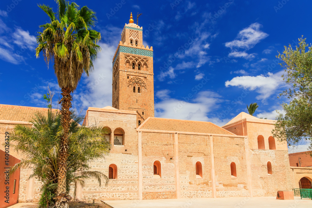 Marrakech, Morocco. Iconic Koutoubia Mosque featuring a tall minaret, Moorish architecture.