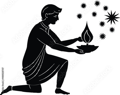 Silhouette of Man lighting a Diwali Diya