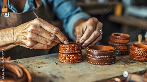 Artisan Craftsperson Handcrafting Intricate Leather Bracelets in Workshop