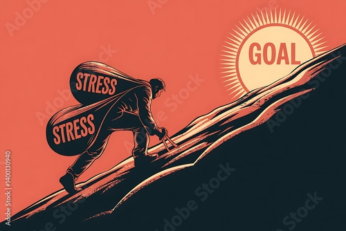Man struggles uphill, burdened by stress, striving towards a distant goal.