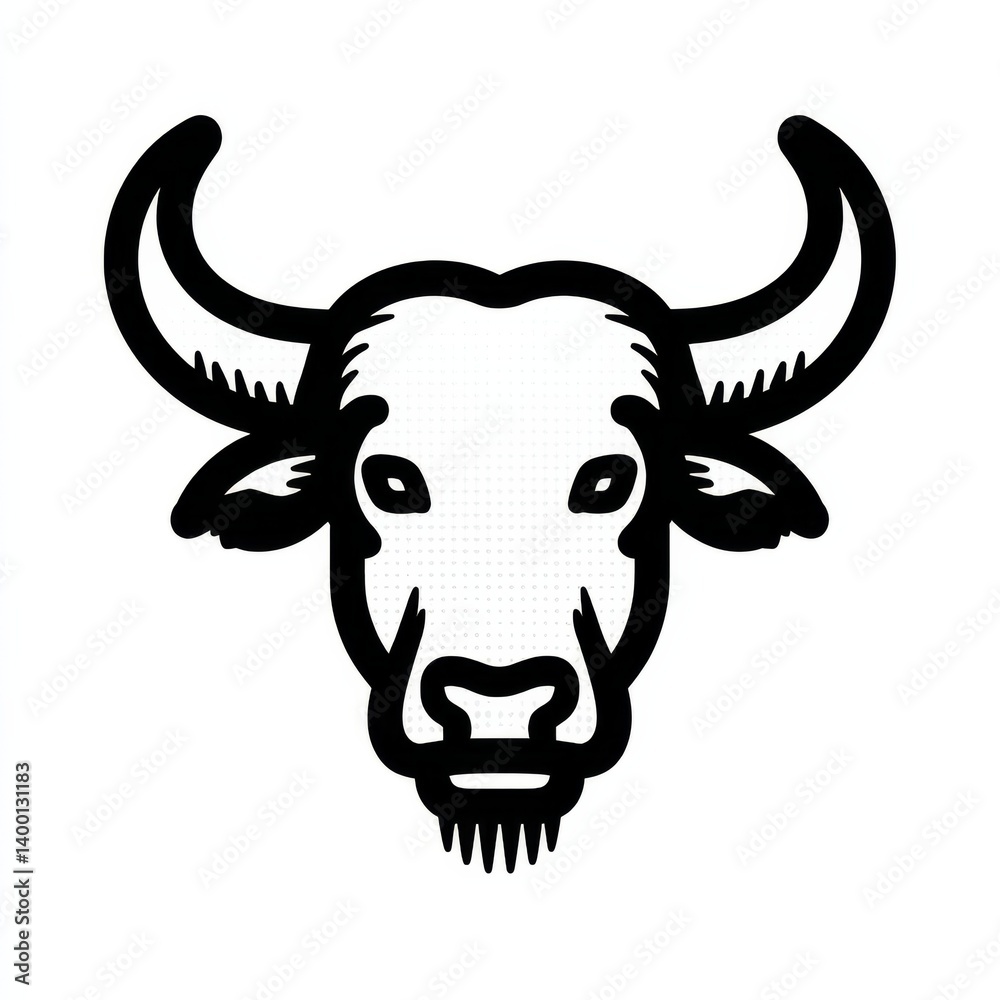 Fototapeta premium Black and White Bull Illustration: A Bold and Minimalist Design with Curved Horns and Distinct Features