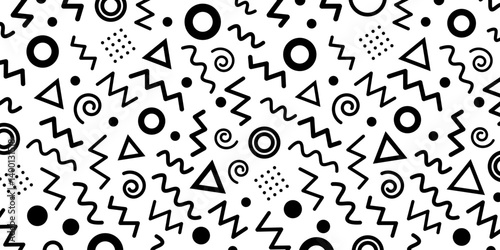 Vintage Memphis-inspired vector illustration with black geometric elements on clean white background in 80s and 90s retro style
