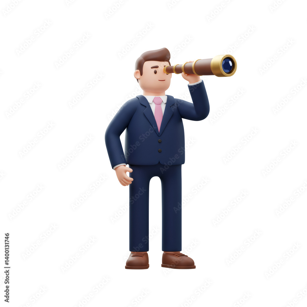 3D Render of Businessman in Blue Suit Using Brass Telescope on Transparent Background 3D Render of Businessman in Blue Suit Using Brass Telescope on Transparent Background