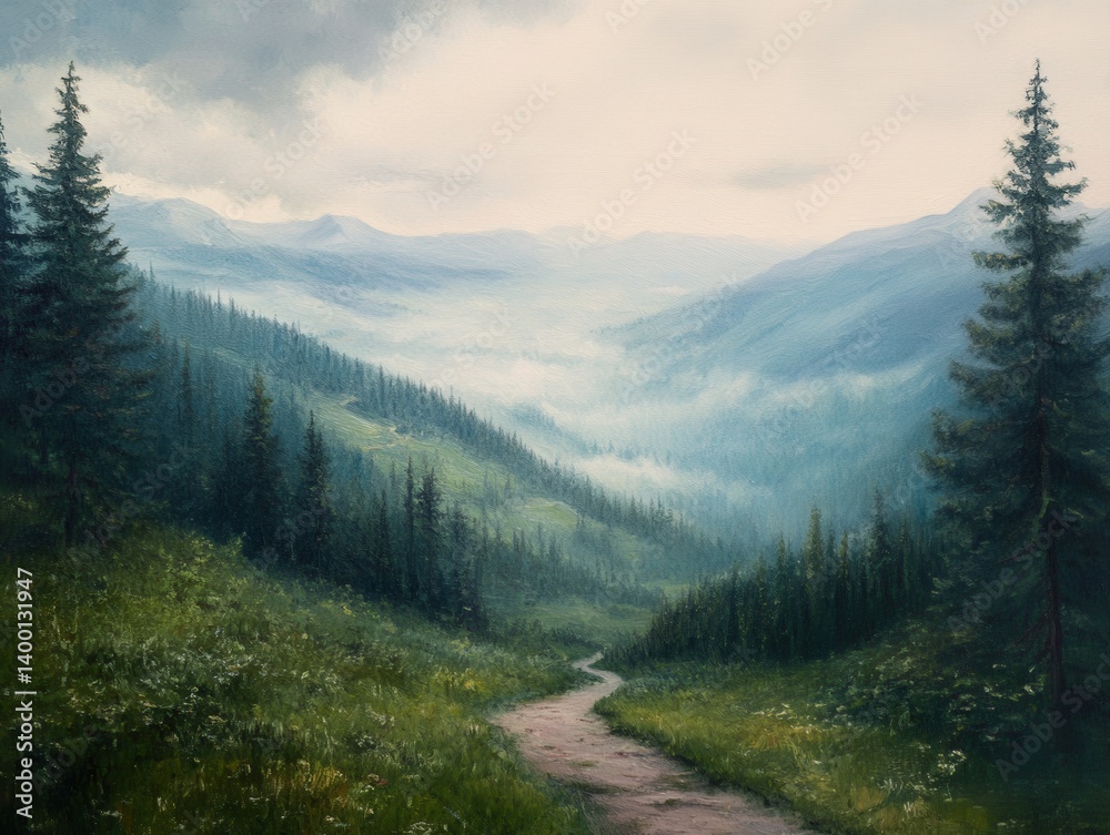 Obraz premium Serene Mountain Trail Through Verdant Forest Landscape Oil Painting Capturing Misty Peaks and Natural Beauty in a Tranquil Wilderness Setting