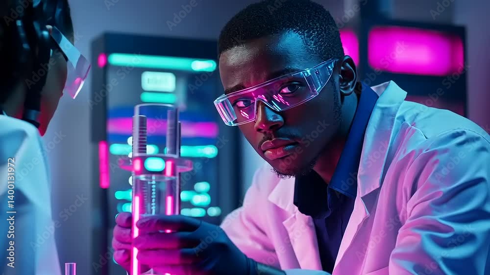 Scientists conducting experiments in a high-tech laboratory with colorful lighting effects