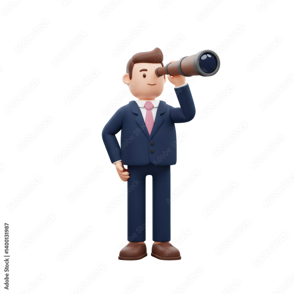 3D Render of Businessman in Blue Suit Using Telescope 3D Render of Businessman in Blue Suit Using Telescope