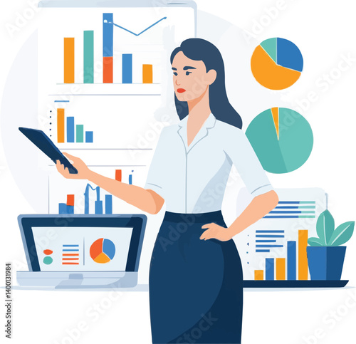 Confident businesswoman presenting data and financial charts during seminar representing leadership presentation skills and business growth strategy