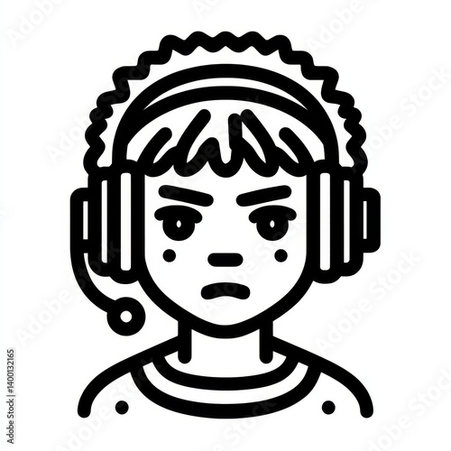 Gamer Avatar: Black and White Line Art of a Focused Player with Headphones, Perfect for Profile Pictures