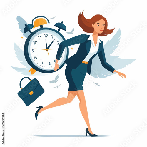  Businesswoman flying with alarm clock and briefcase representing time management productivity and work life balance in fast paced professional lifestyle