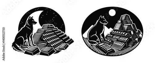 Silhouette of a coder sitting on a mountain of old keyboards, a wolf beside them, moon in the background with binary code rings