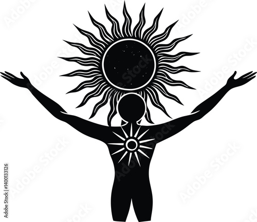 Person with open arms facing sun silhouette
