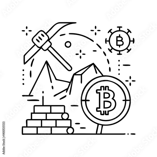 Bitcoin Mining Illustration Digital Currency Cryptocurrency Blockchain Technology Pickaxe Mountains Blocks