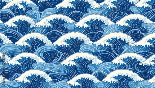 Seamless Traditional Japanese Wave Pattern in Blue and White. A seamless vector pattern of Seigaiha – traditional Japanese ocean waves – in blue on white background. Perfect for cultural, t