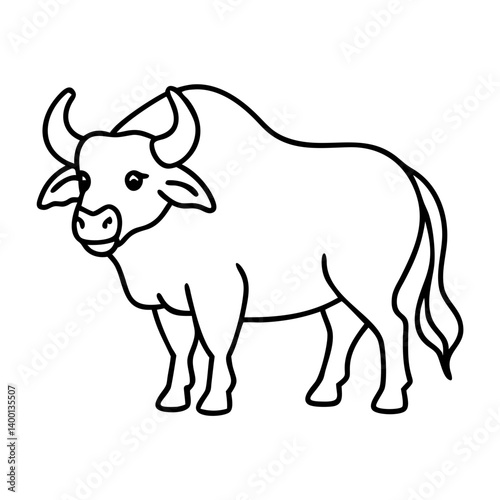 Line drawing of a large horned bovine animal standing peacefully