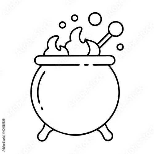 A cauldron of bubbling potion with a stirring stick and magical flames