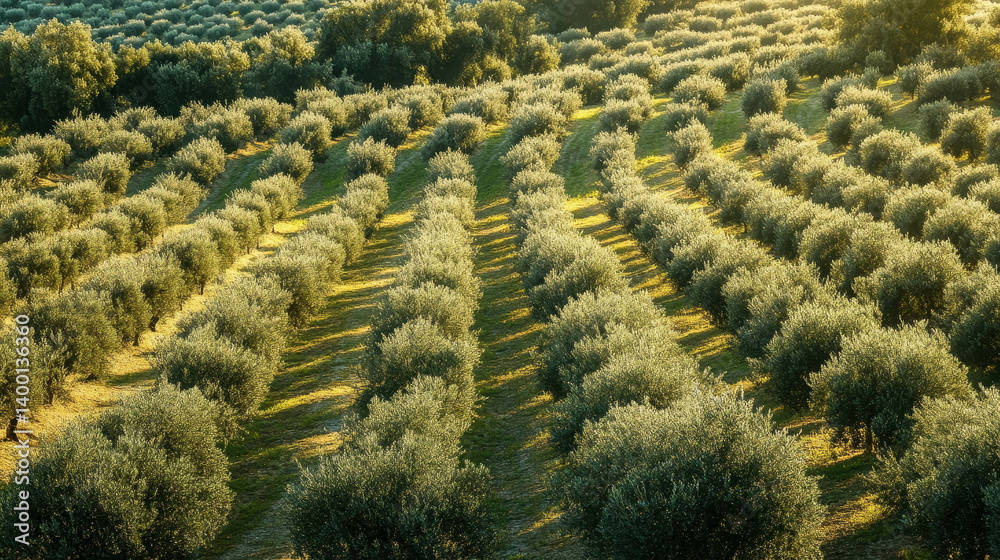 Fototapeta premium Top View Mediterranean Landscape with Rows of Olive Trees Stretching into the Horizon at Golden Hour. Mediterranean Olive Trees