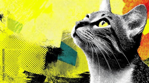 Intrigued cat exploring a kaleidoscope of colors, vibrant and colorful background