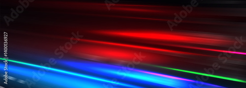Motion Light Lines Background With Red, Blue, Green Neon Glow On Dark Gradient. Futuristic Speed Effect For Technology, Gaming, Or Abstract Design. Vector Illustration.