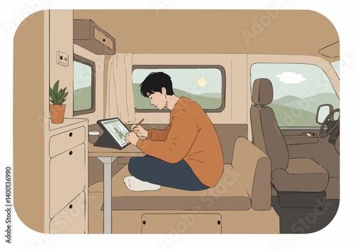 A young Asian man sketches on a tablet inside a cozy camper van. Natural light streams in, creating a peaceful, mobile workspace. Ideal for travel and creative lifestyle concepts.