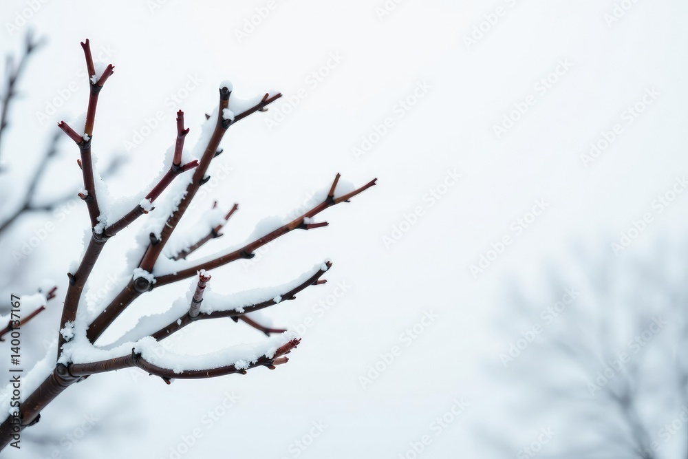 Snowy branch with bare twigs isolated on white background, tree, twig, snowflakes Snowy branch with bare twigs isolated on white background, tree, twig, snowflakes