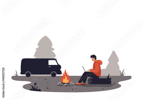 A young man with dark hair works on a laptop outdoors, sitting on a log near a van and campfire. Peaceful, remote work lifestyle.