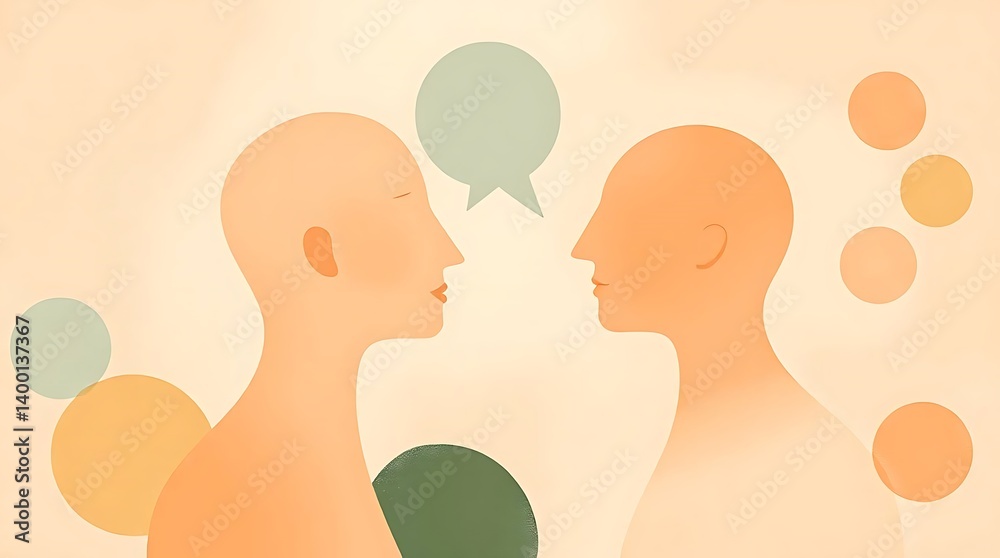 Abstract Illustration of Two Figures in Profile with a Speech Bubble and Circular Accents
Abstract Illustration of Two Figures in Profile with a Speech Bubble and Circular Accents