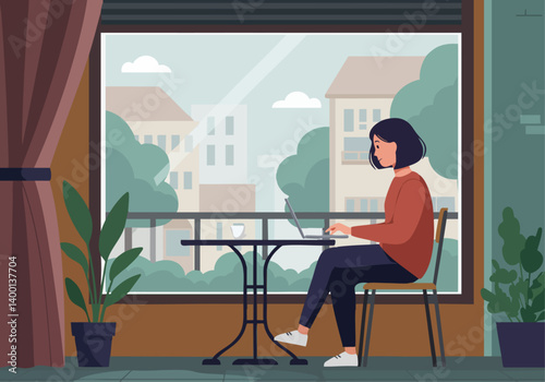 A young Asian woman sits at a table near a window, working on a laptop. Soft light streams in, creating a cozy, productive atmosphere. Casual attire, modern interior.