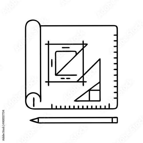 Architectural Blueprint Design Sketch with Ruler Pencil and Geometric Shapes