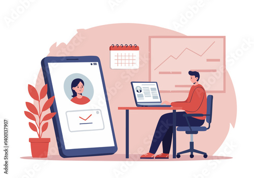 Man works at his desk, video conferencing on his phone. Calendar and graph visible. Modern office setting, focused and productive.