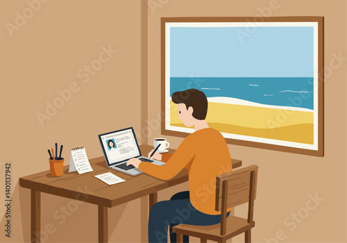 Man works on laptop at wooden desk, gazing at a beach scene artwork. Warm lighting, cozy interior. Ideal for lifestyle, remote work, or home office concepts.