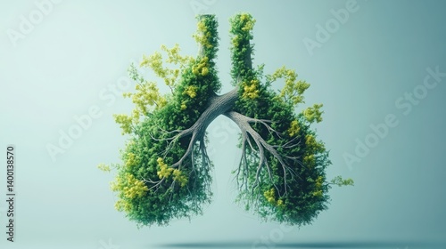 Lungs Formed from Lush Green Trees and Yellow Flowers Symbolizing Health and Nature Balance in a Minimalist Setting
