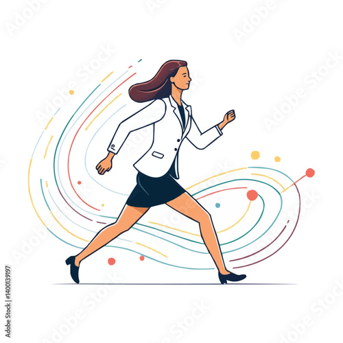 Dynamic female athlete in business attire running with energy representing determination ambition and modern corporate hustle