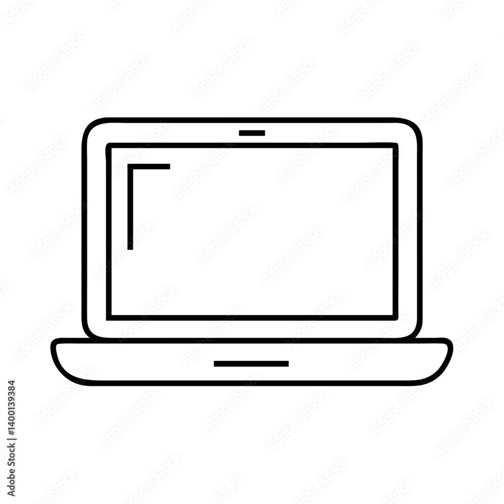 A simple line drawing of a laptop computer showing a blank screen, representing technology, digital devices, and modern computing A simple line drawing of a laptop computer showing a blank screen, representing technology, digital devices, and modern computing