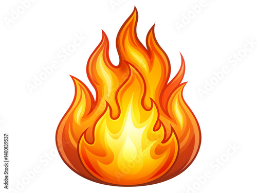 Cartoon fire emoji, bright orange and yellow flames, stylized fire icon, glossy finish, rounded shape, vibrant colors, digital illustration, vector graphic style, 
