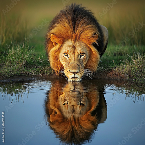 
A majestic lion kneeling near a crystal-clear water source in the savannah. It drinks slowly, its eyes fixed on the clear water, while its golden mane gently sways in the breeze. The water reflects i