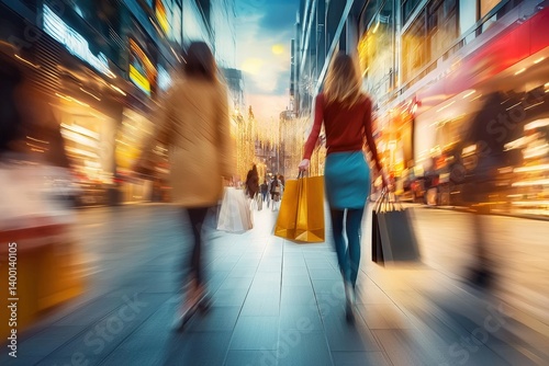 Women shopping at night with motion blur effect in city center