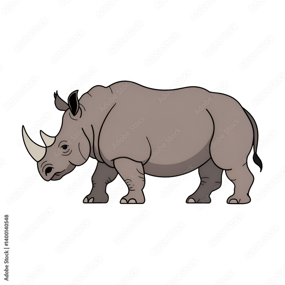 Fototapeta premium Cartoon rhinoceros illustration with gray skin and a prominent horn on its nose