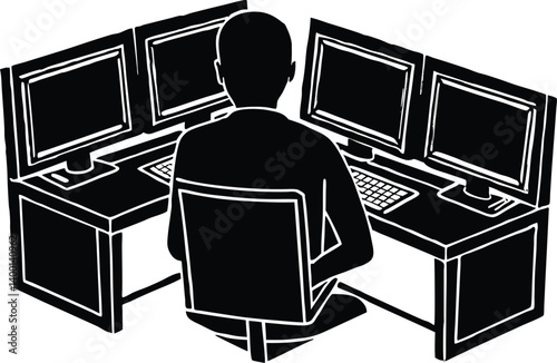 Man in a server room silhouette, Programmer at dual monitors
