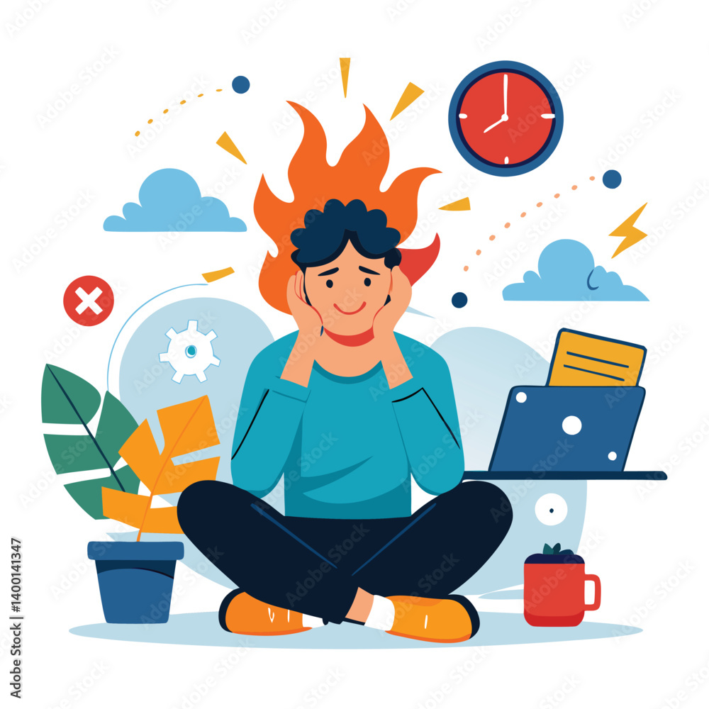 Vector illustration of stressed student overwhelmed with studies surrounded by books coffee and time pressure showing academic burnout frustration and mental exhaustion Vector illustration of stressed student overwhelmed with studies surrounded by books coffee and time pressure showing academic burnout frustration and mental exhaustion