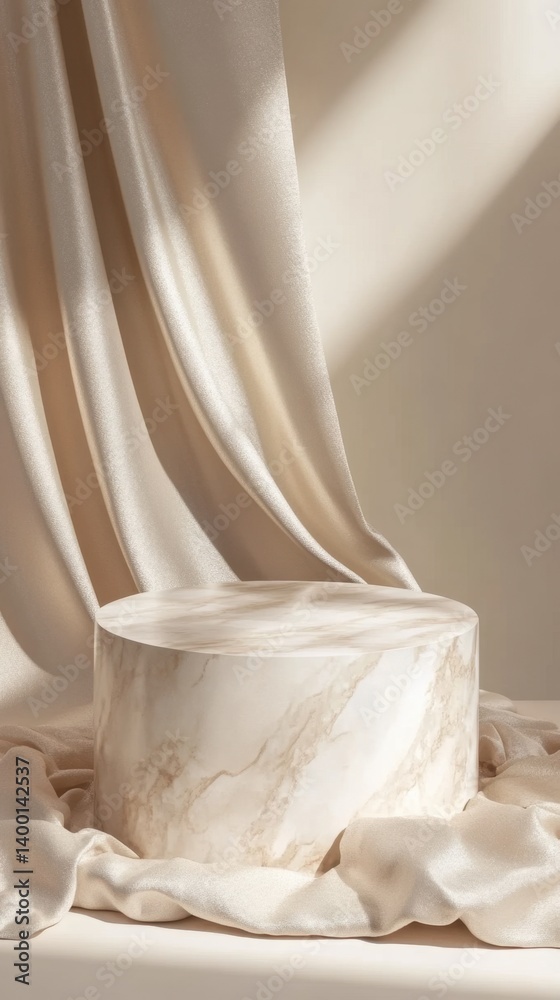Elegant marble podium display with flowing silk fabric in soft neutral tones for product showcase Elegant marble podium display with flowing silk fabric in soft neutral tones for product showcase