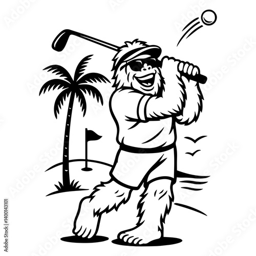 Funny cartoon yeti playing golf on a sunny course. Bold black and white line art style