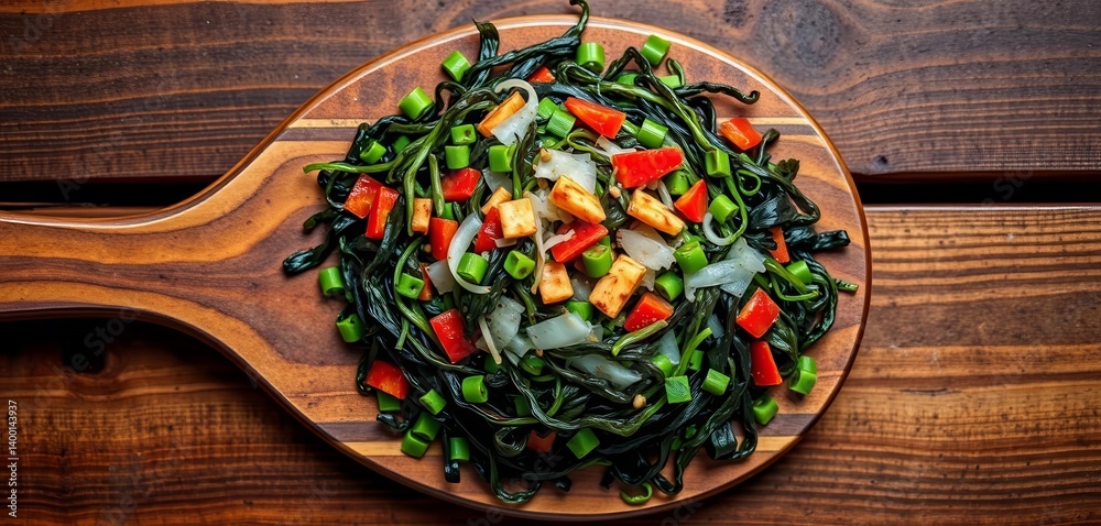 Overhead shot of wakame seaweed salad on rustic wooden board Urban backdrop, stock photo, vegan Overhead shot of wakame seaweed salad on rustic wooden board Urban backdrop, stock photo, vegan